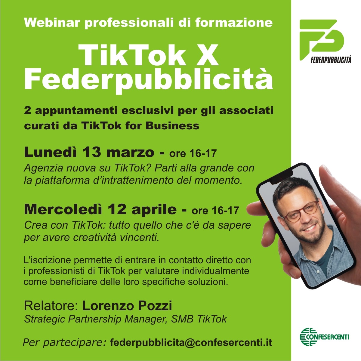 Federpubblicità Confesercenti: webinar TikTok il 13 marzo e il 12 aprile 2023